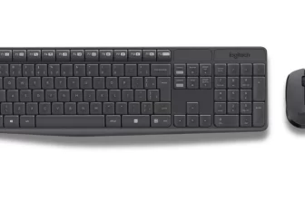 Combo de teclado e mouse sem fio Logitech MK235 na cor cinza escuro, com layout ABNT2 e mouse óptico compacto