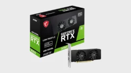 Placa de vídeo MSI GeForce RTX 3050 LP 6G OC 6GB GDDR6 perfil baixo com dual fan em fundo branco